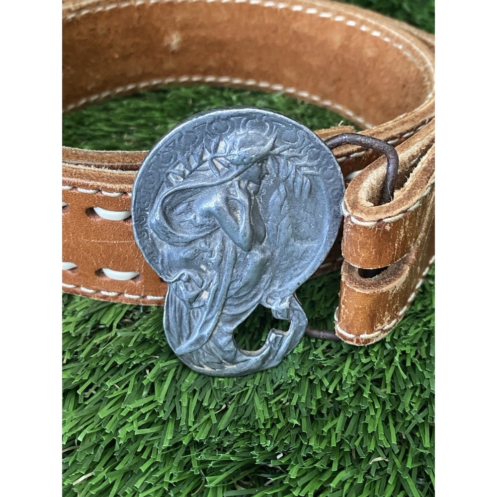 Art Nouveau Maiden Metal Belt Buckle & Leather Tooled Embossed Belt Brown 32 VTG